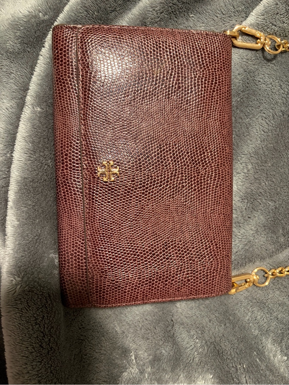 Tory Burch Burgundy Lizard-Embossed Chain Wallet Crossbody